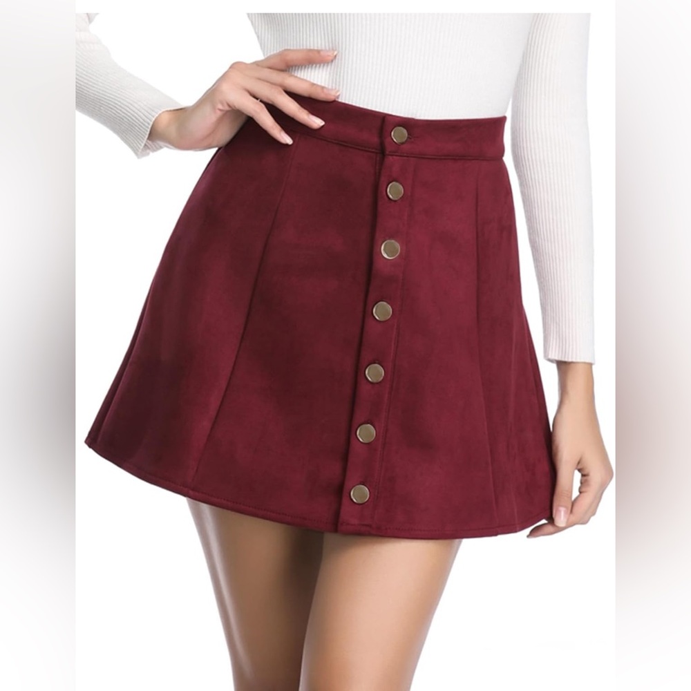 Fuinloth Faux Suede Burgundy Mini Skirt Stretchy Brass Buttons Sz XS